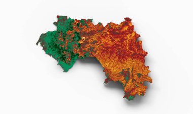 Üzerinde bayrak olan Gine Haritası Kırmızı ve Sarı Gölgeli Yardım Haritası 3d