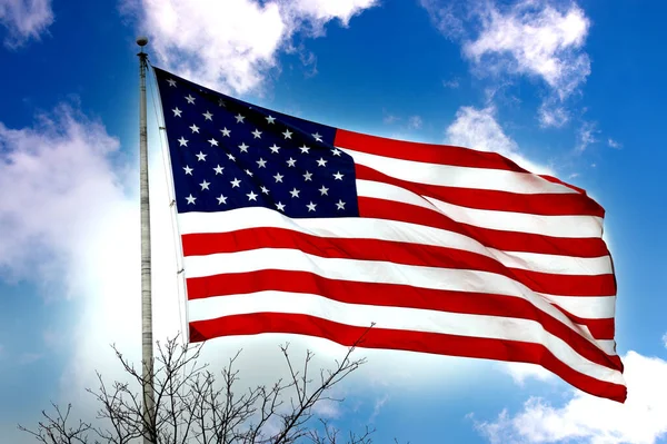Bandeira Americana Vento Contra Céu Azul Estado Estrela Liberdade Nacional — Fotografia de Stock