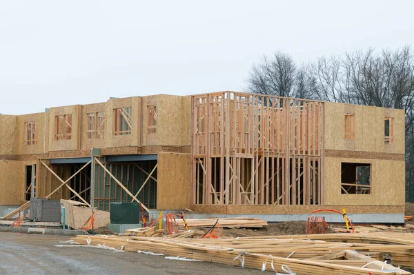 New House Construction Framed Walls Window Plank Plywood — Foto Stock