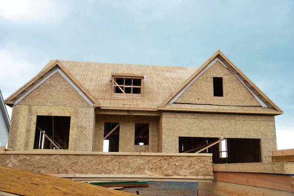 Large Two Story Family Home Construction Plywood Roof Window — Foto de Stock