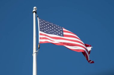 Mavi gökyüzünde dalgalanan Amerikan bayrağı vatansever demokratik
