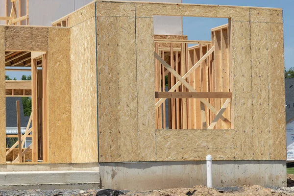 A new home under construction plywood frame plank residential window