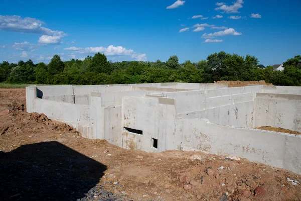 Betonnen Fundering Van Nieuwe Woningbekisting Cementsite Bouwwerk Metselwerk Stockafbeelding