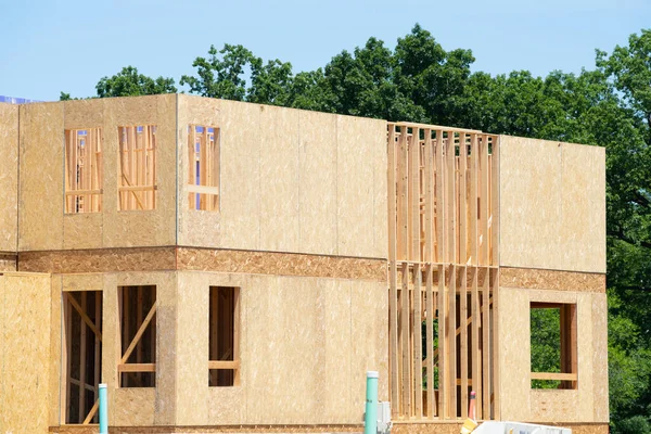 New House Construction Framed Walls Plywood Framework Beam Truss Board — Photo