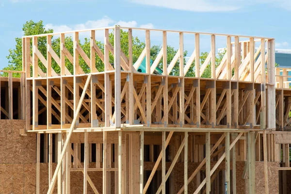 Construction New House Frame Wooden Plywood Building Wall — Stockfoto