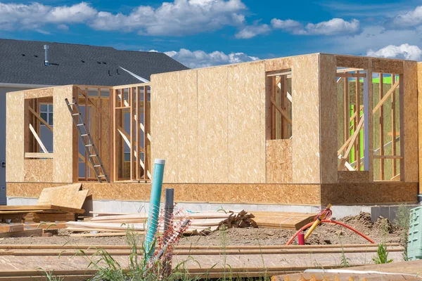 Beginning Framing Stage New Home Construction Plywood Sky Blue Window — Foto de Stock