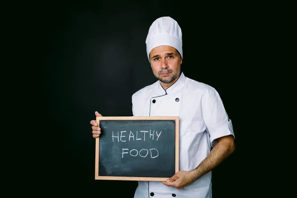 Cook Dressed White Jacket Hat Holds Blackboard Reads Vegan Black — Stock Photo, Image