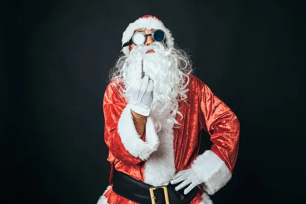 Man Dressed Santa Claus Making Rude Gesture Raises His Finger — Stockfoto