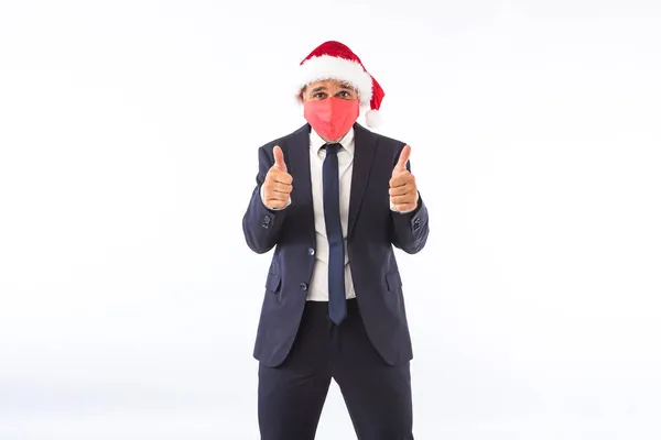 Businessman Dressed Suit Tie Christmas Santa Hat Red Mask Raising — Stock Photo, Image