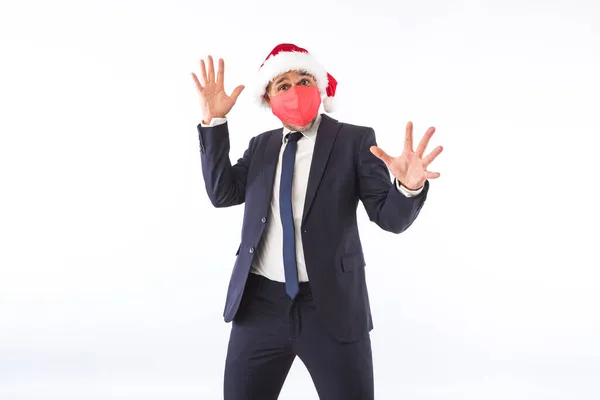 Businessman Dressed Suit Tie Santa Claus Christmas Hat Red Mask — Stock Photo, Image