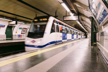 Unfocused train entering or leaving the Banco de Espaa station of the Madrid Metro in Spain clipart