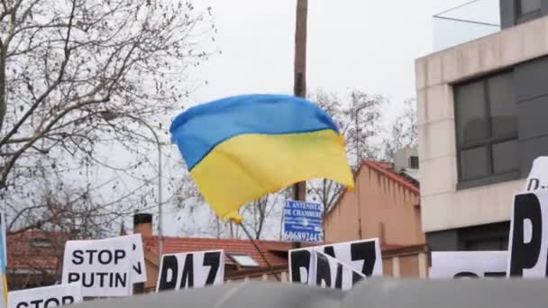 Bandera Ucraniana Ondeando Con Cielo Fondo Una Manifestación Contra Guerra — Video de stock gratis