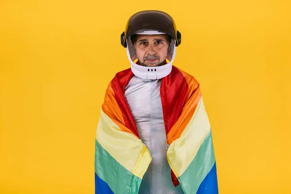 Gay Man Dressed Astronaut Helmet Silver Suit Rainbow Lgtbi Collective — Foto de Stock