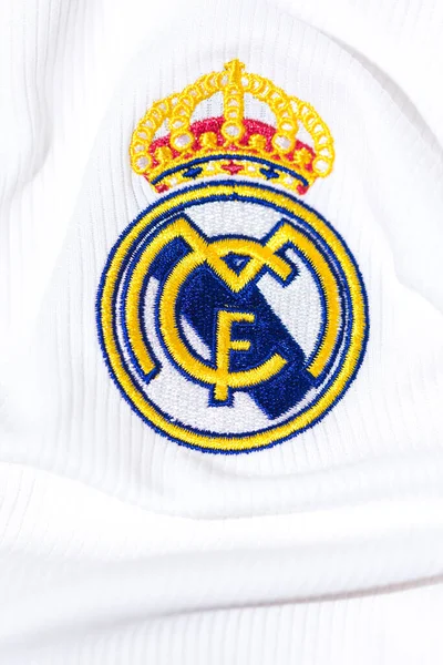 Escudo Sobre Camisa Branca Real Madrid Football Club Uefa Champions — Fotografia de Stock