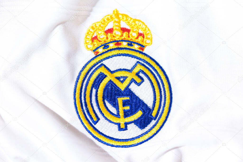 Shield on the white shirt of Real Madrid Football Club. Uefa champions league final concept on May 28, 2022, champion, europe, league, spain.