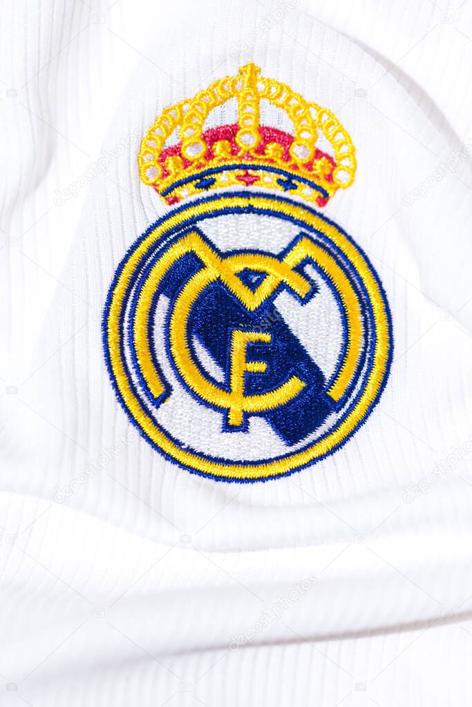 Shield on the white shirt of Real Madrid Football Club. Uefa champions league final concept on May 28, 2022, champion, europe, league, spain.