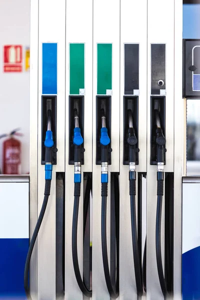 Five Black Blue Fuel Hoses Gas Station Concept Gasoline Diesel — Foto de Stock