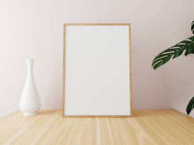 Tahta masa üzerinde vazo ve bitkilerle dikey ahşap çerçeve modeli. 3d oluşturma.