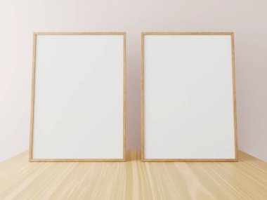 Ahşap masada iki dikey ahşap çerçeve modeli. 3d oluşturma.