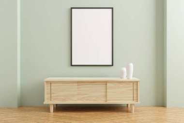 Oturma odasının iç tarafındaki ahşap masa üzerinde siyah dikey poster modeli boş pastel duvar arka planında. 3B görüntüleme.