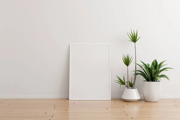 White Vertical Photo Frame Mockup White Wall Empty Room Plants — Stock Photo, Image
