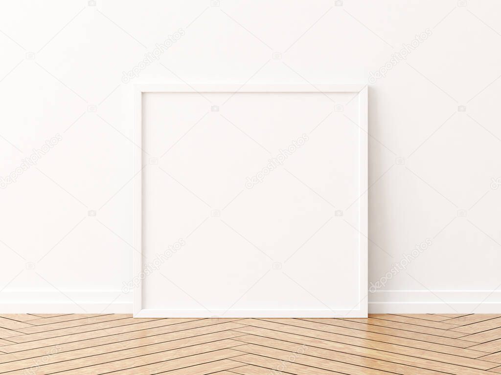 White square frame mockup on the wooden floor. 3d rendering.