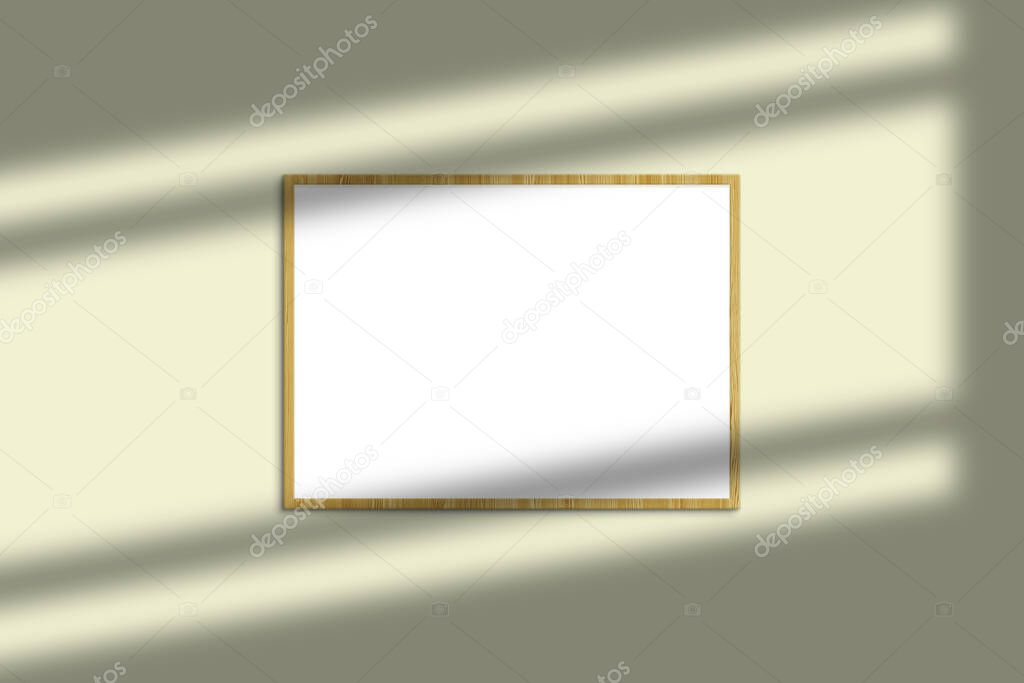 Horizontal wooden photo frame mockup with shadow overlay and pastel color background