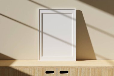 Oturma odasının iç tarafındaki pencere gölgesi olan masanın üzerinde dikey beyaz poster ya da fotoğraf çerçevesi modeli. 3B görüntüleme.