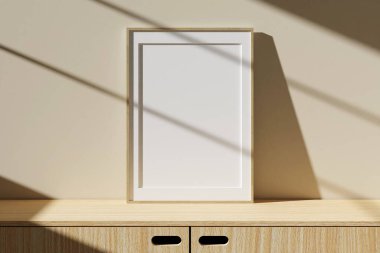 Dikey ahşap poster ya da oturma odasının iç tarafındaki pencere gölgesi olan masanın üzerinde fotoğraf çerçevesi modeli. 3B görüntüleme.