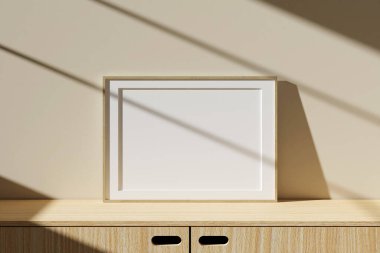 Yatay ahşap poster ya da oturma odasının iç kısmında pencere gölgesi olan bir fotoğraf çerçevesi. 3B görüntüleme.