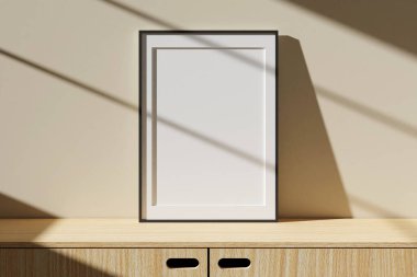 Dikey siyah poster ya da oturma odasının içinde pencere gölgesi olan fotoğraf çerçevesi modeli. 3B görüntüleme.