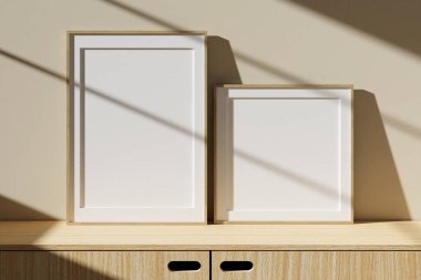 Oturma odasının iç kısmında pencere gölgesi olan bir tahta poster ya da fotoğraf çerçevesi modeli. 3B görüntüleme.