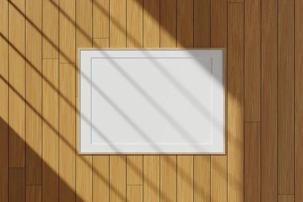 窓の影と壁にかかって水平木製のポスターや写真フレームのモックアップ 3Dレンダリング — ストック写真