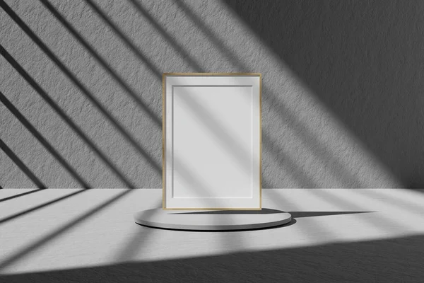 Vertical Wooden Poster Photo Frame Mockup Top Podium Window Shadow — Photo