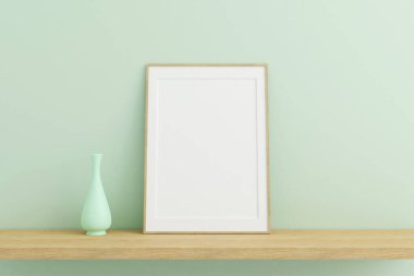 Dikey ahşap poster ya da ahşap masa üzerinde fotoğraf çerçevesi modeli. Oturma odasında, içinde vazo var. 3B görüntüleme.