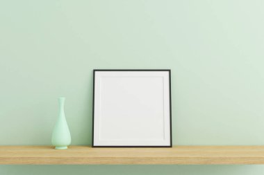 Kare siyah poster ya da ahşap masa üzerinde fotoğraf çerçevesi modeli. Oturma odasında, iç tarafta vazo var. 3B görüntüleme.