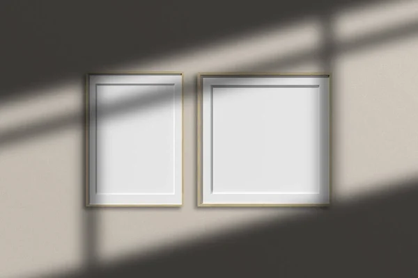 Set of wooden poster photo frame mockup in minimalist room with shadow overlay