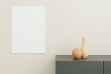 Dikey beyaz poster ya da oturma odasının içindeki masanın üstünde vazo olan fotoğraf çerçevesi modeli. 3B görüntüleme.