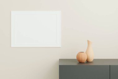 Yatay beyaz poster ya da oturma odasındaki masanın üstünde vazo olan fotoğraf çerçevesi modeli. 3B görüntüleme.