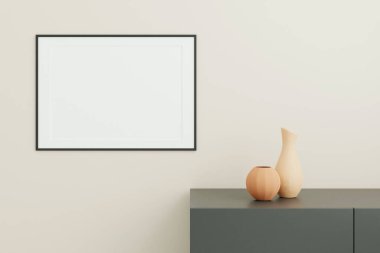 Yatay siyah poster ya da oturma odasındaki masanın üstünde vazo olan fotoğraf çerçevesi modeli. 3B görüntüleme.