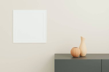 Oturma odasının önündeki masanın üstünde vazo olan kare beyaz poster ya da fotoğraf çerçevesi modeli. 3B görüntüleme.