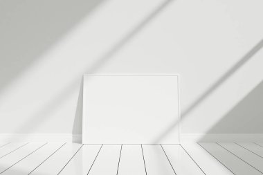 Minimalist ve temiz yatay beyaz poster ya da yere yaslanmış gölgeli fotoğraf çerçevesi.