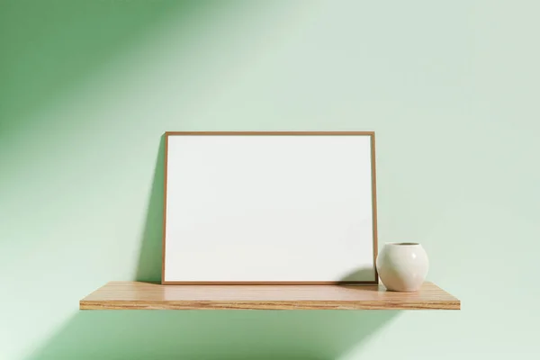 Minimalist Horizontal Wooden Poster Photo Frame Mockup Vase Wooden Shelf — 스톡 사진