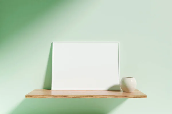 Minimalist Horizontal White Poster Photo Frame Mockup Vase Wooden Shelf — 스톡 사진
