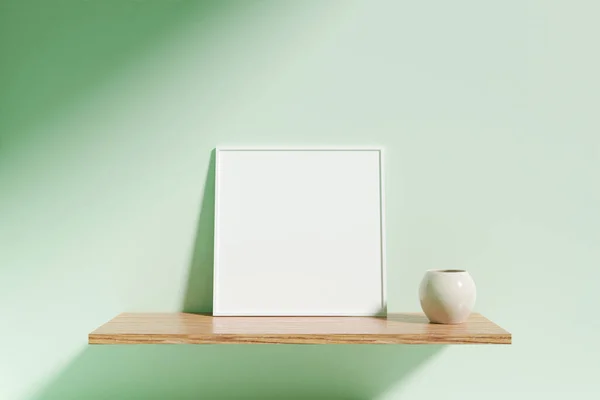 Minimalist Square White Poster Photo Frame Mockup Vase Wooden Shelf — Stock Photo, Image
