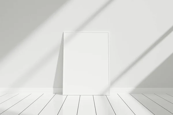 Minimalista Tiszta Függőleges Fehér Poszter Vagy Képkeret Mockup Padlón Támaszkodva — Stock Fotó