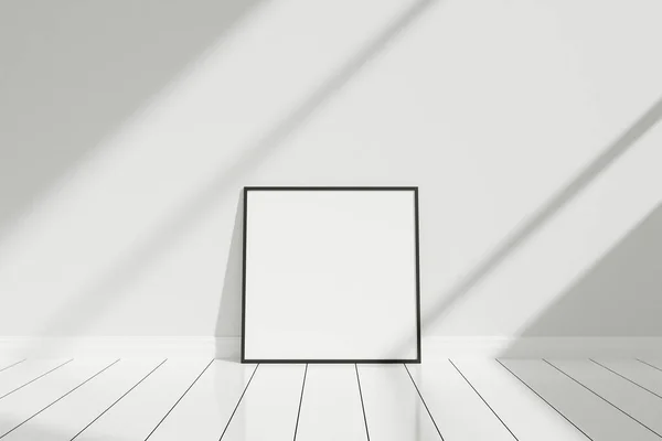 Minimalist Clean Square Black Poster Photo Frame Mockup Floor Leaning — Foto de Stock