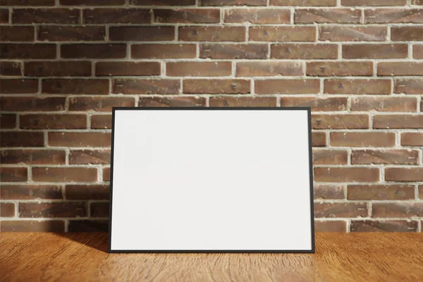 Horizontal Black Poster Photo Frame Mockup Wooden Table Blurry Brick — Foto de Stock