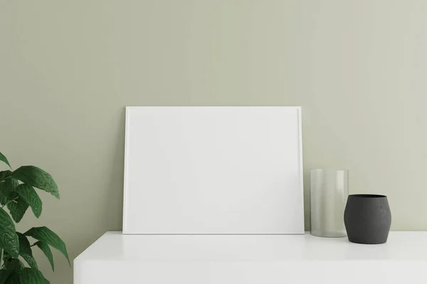 Pôster Branco Horizontal Minimalista Limpo Mockup Moldura Foto Mesa Branca — Fotografia de Stock