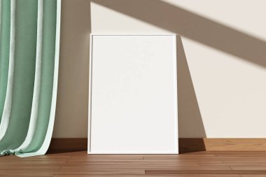 Minimalist ve temiz dikey beyaz poster ya da oda duvarına yaslanmış ahşap zeminde fotoğraf çerçevesi modeli. 3B Hazırlama.
